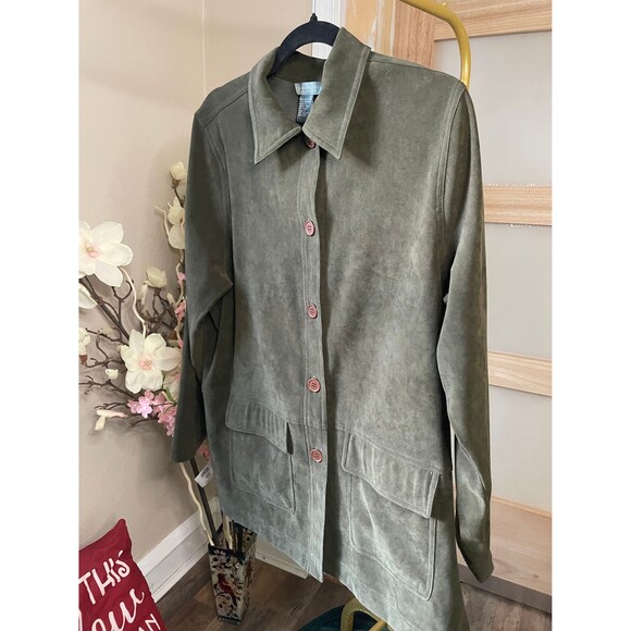 Jessica Holbrook Woman Jacket, Green Suede Feel Long Sleeve Button up Small - Picture 4 of 10